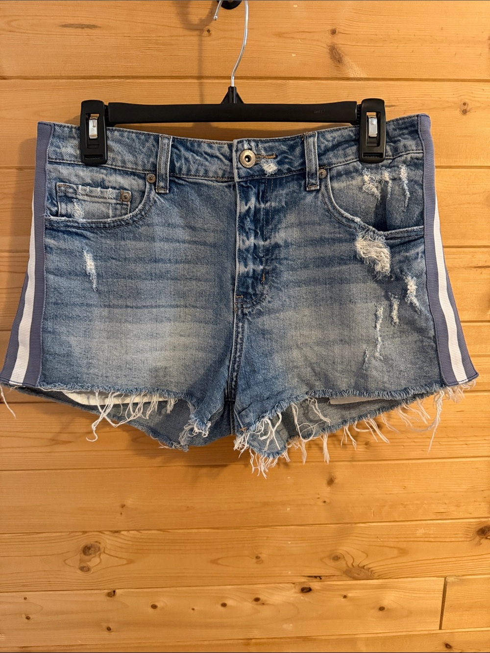 Pistola Light Blue Distressed Denim Shorts with Blue & White Side Stripes Sz 28